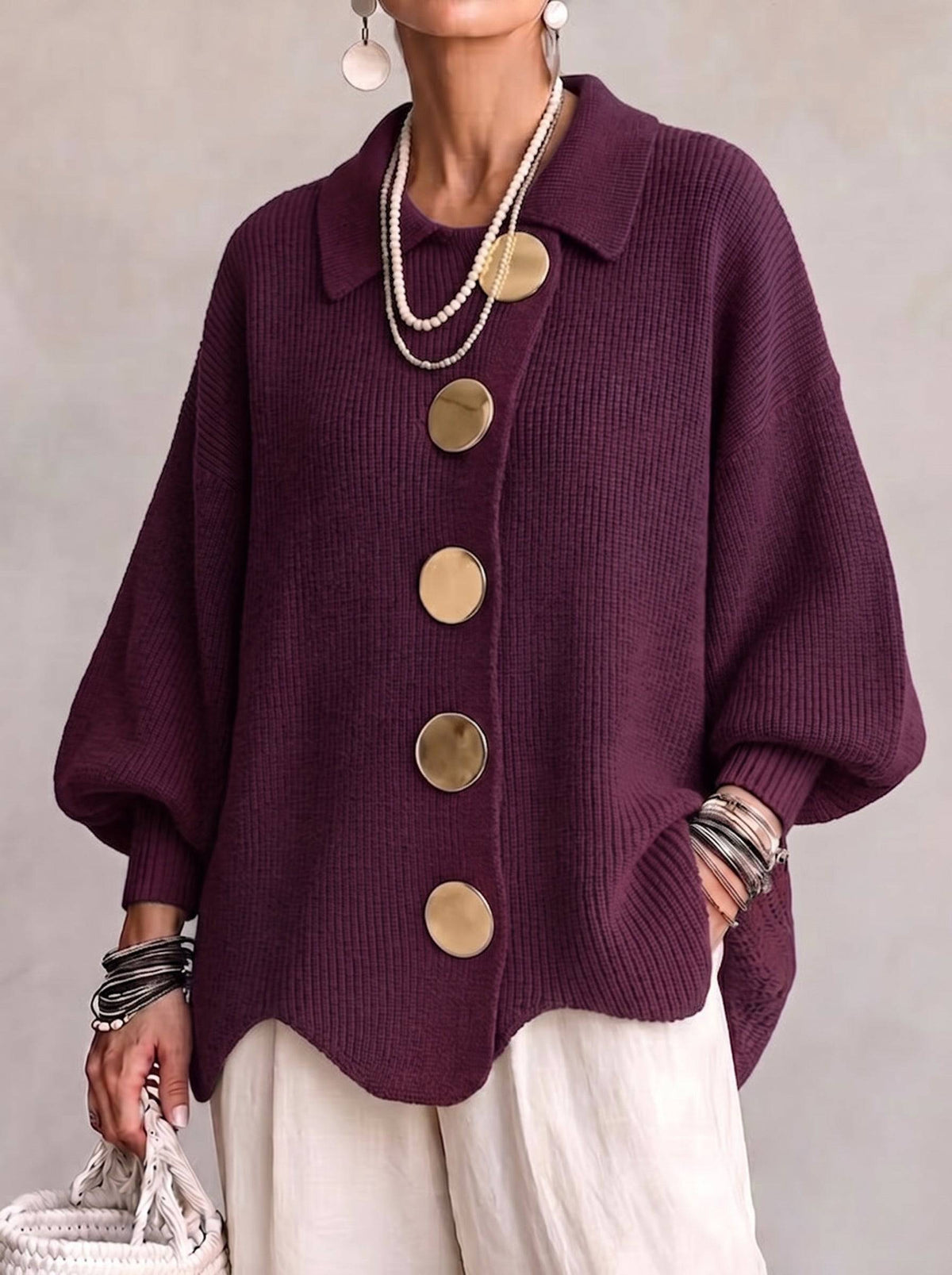 Isadora™ | Cardigan Oversize à Col avec Gros Boutons en Métal