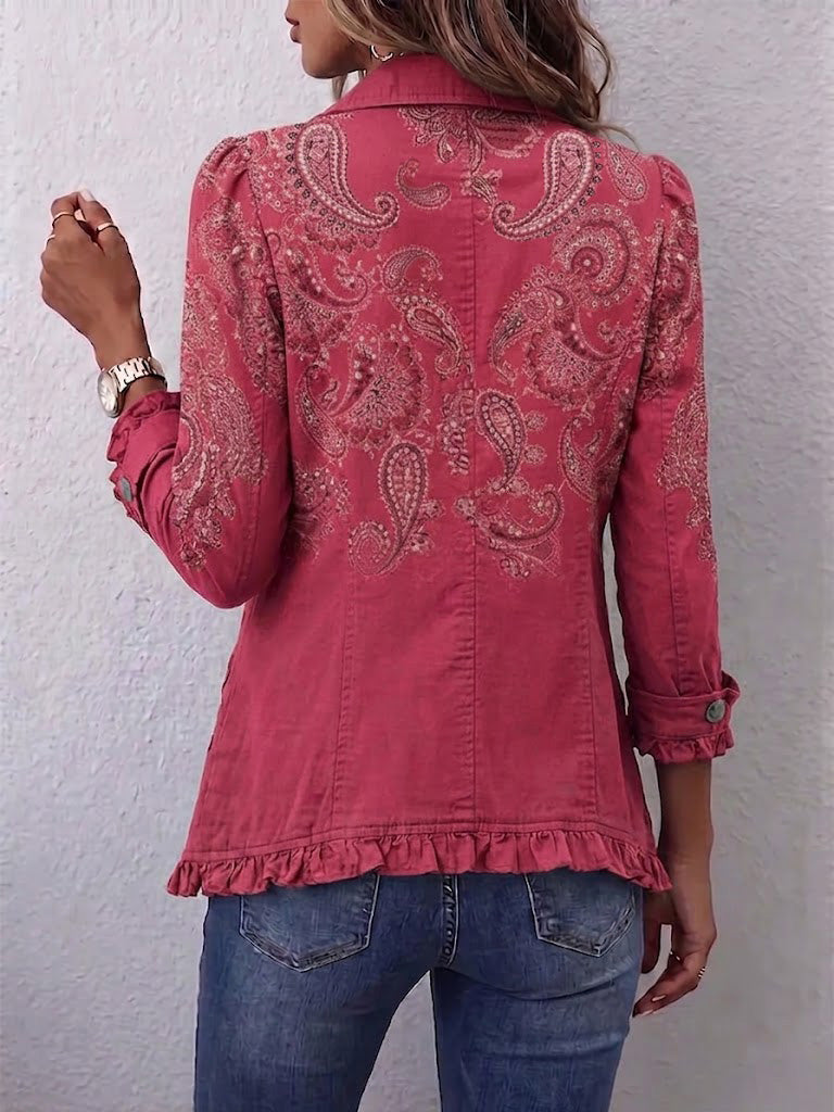 Veste vintage Danoir Paris Iseult en tissu à motif paisley rose antique avec volants, style élégant et féminin.