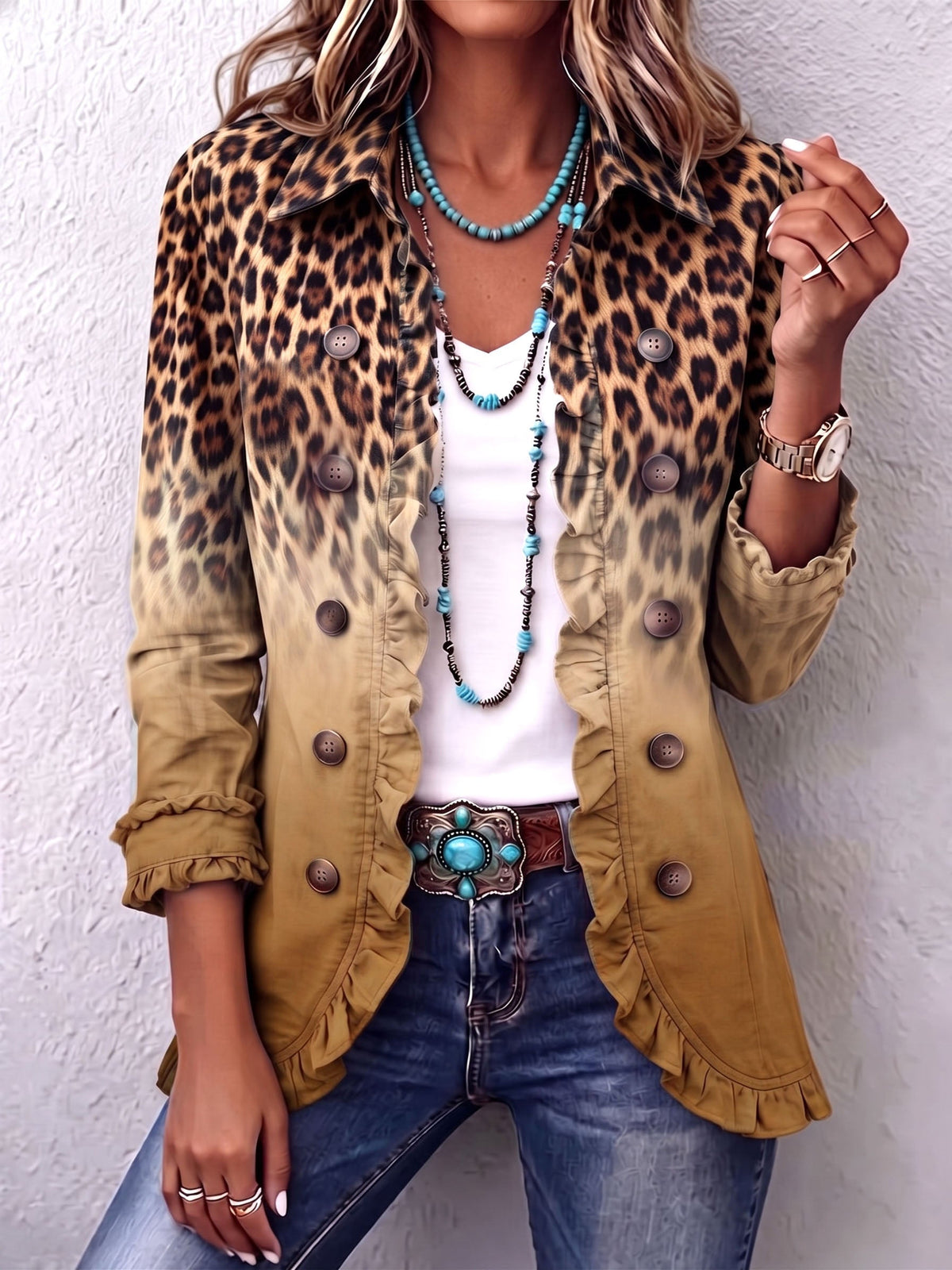 Blazer léopard dégradé turquoise avec volants de la marque Danoir Paris, porté, vue de face.