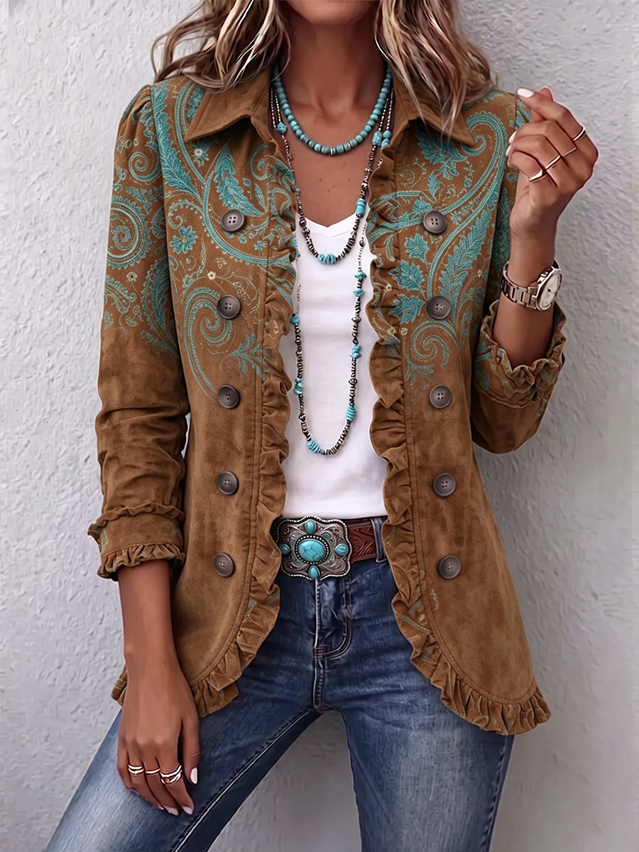 Veste Séverine Danoir Paris en tissu marron à motif paisley avec volants, style élégant et féminin.
