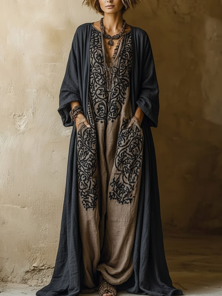 Ensemble vintage bohème en coton et lin Danoir Paris, deux pièces avec motifs floraux et coupe décontractée.