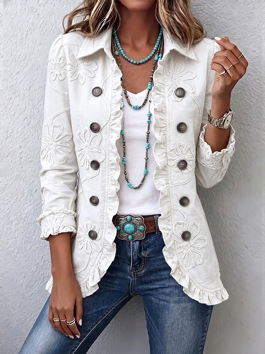 Veste bohème-chic brodée de fleurs ivoire avec finitions froncées, Camille par Danoir Paris, style élégant et féminin.