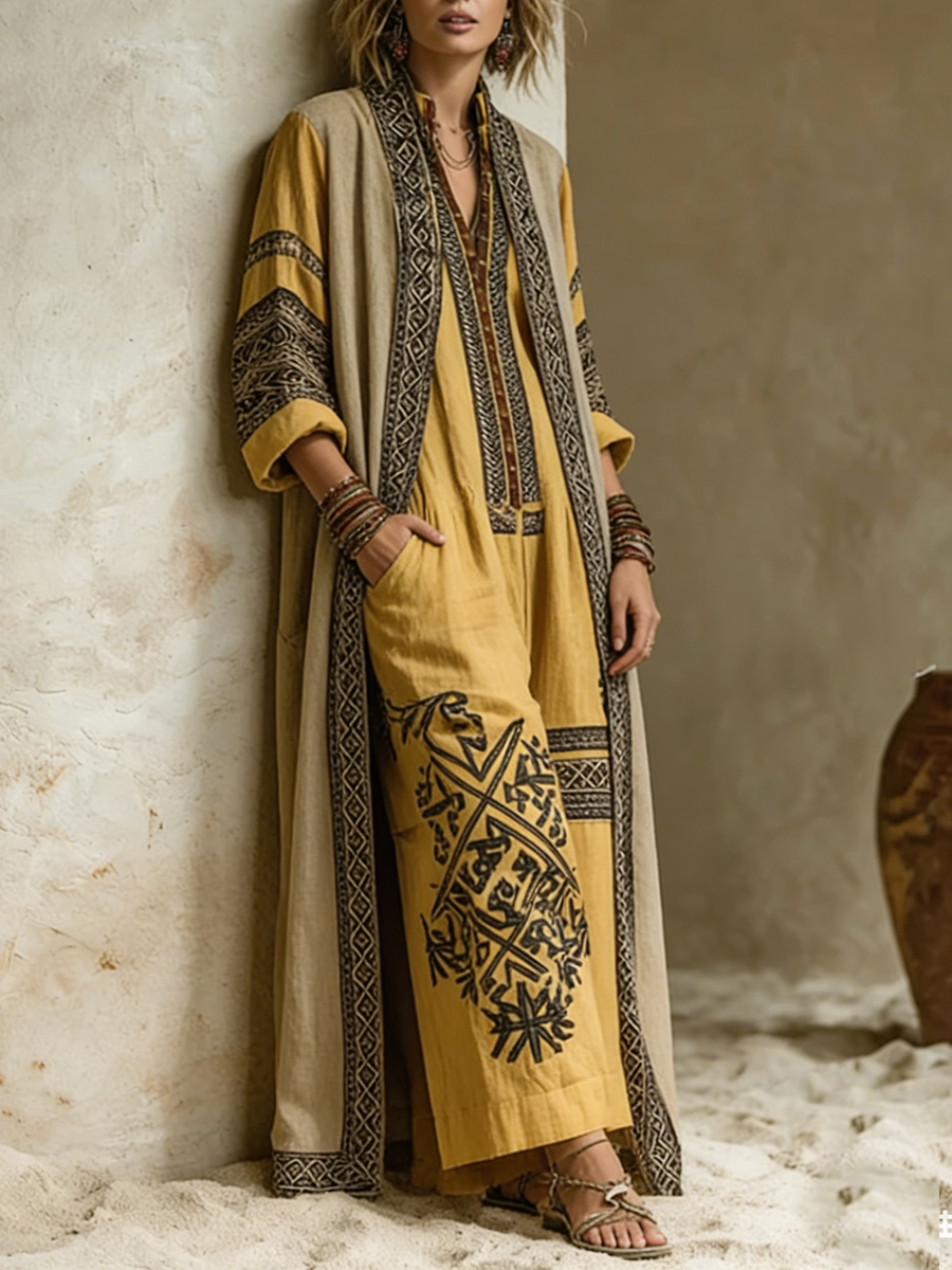 Ensemble deux pièces bohème jaune ocre avec motif Danoir Paris, haut et pantalon fluide, style décontracté et tendance