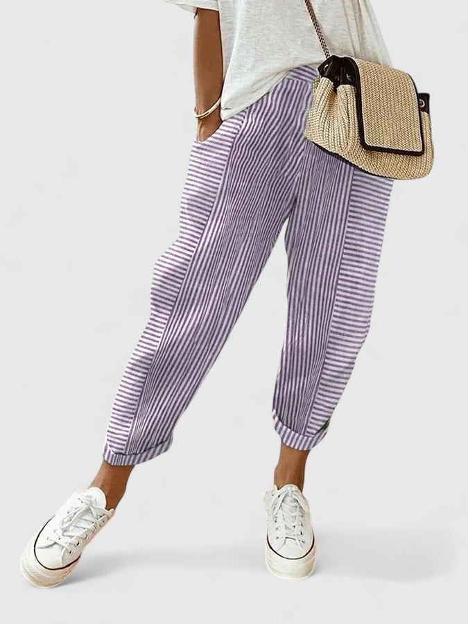 Pantalons d'été pour femmes Elvira™ de Danoir Paris, pantalon confortable violet en tissu léger, parfait pour l'été.