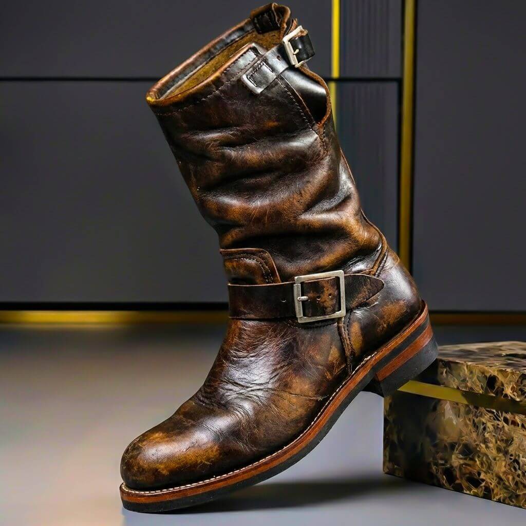 Bottes en cuir vintage Bancroft de Danoir Paris, style rétro marron foncé, avec semelle en cuir et détails élégants.