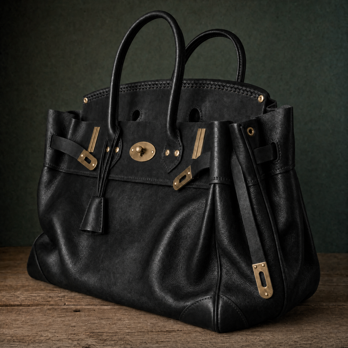 Sac à main Danoir Paris Vivienne fait main, vue en trois-quarts, avec poignée en cuir et détails élégants.