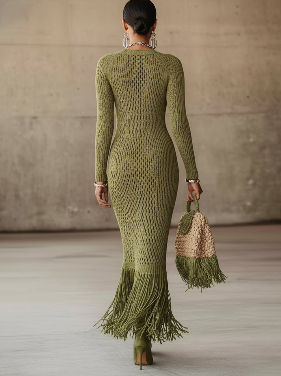 Robe Maxi Bodycon à Hem Frangé en Tricot Vert Olive - Expédition en 24 Heures