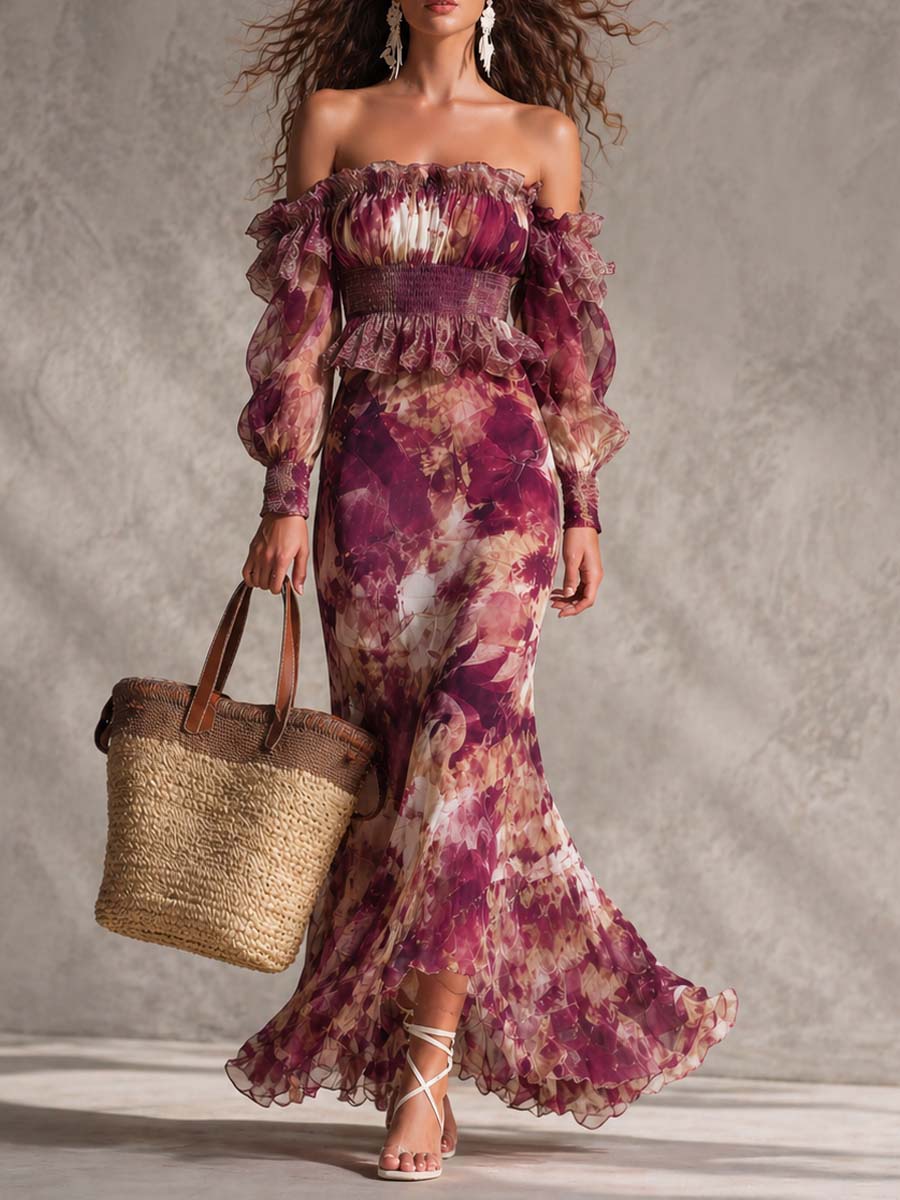 Robe longue en mousseline de soie rose à épaules dénudées avec motif floral