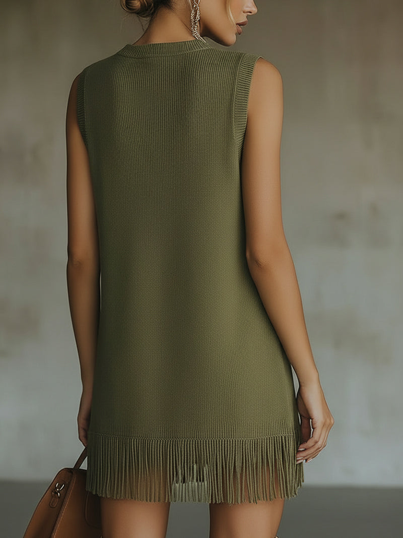 Robe Mini Tricot Sans Manches Vert Olive Avec Ourlet Frangé - Expédition en 24 Heures