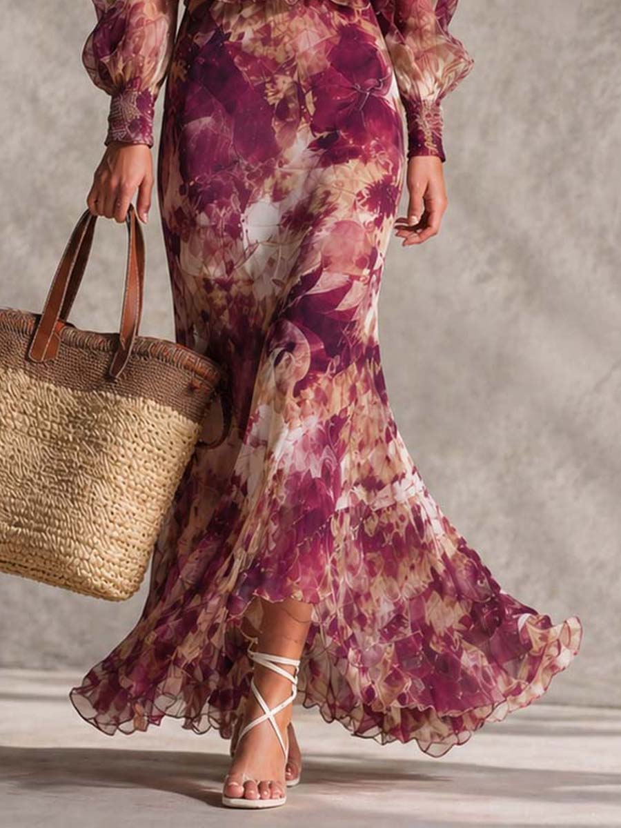 Robe longue en mousseline de soie rose à épaules dénudées avec motif floral