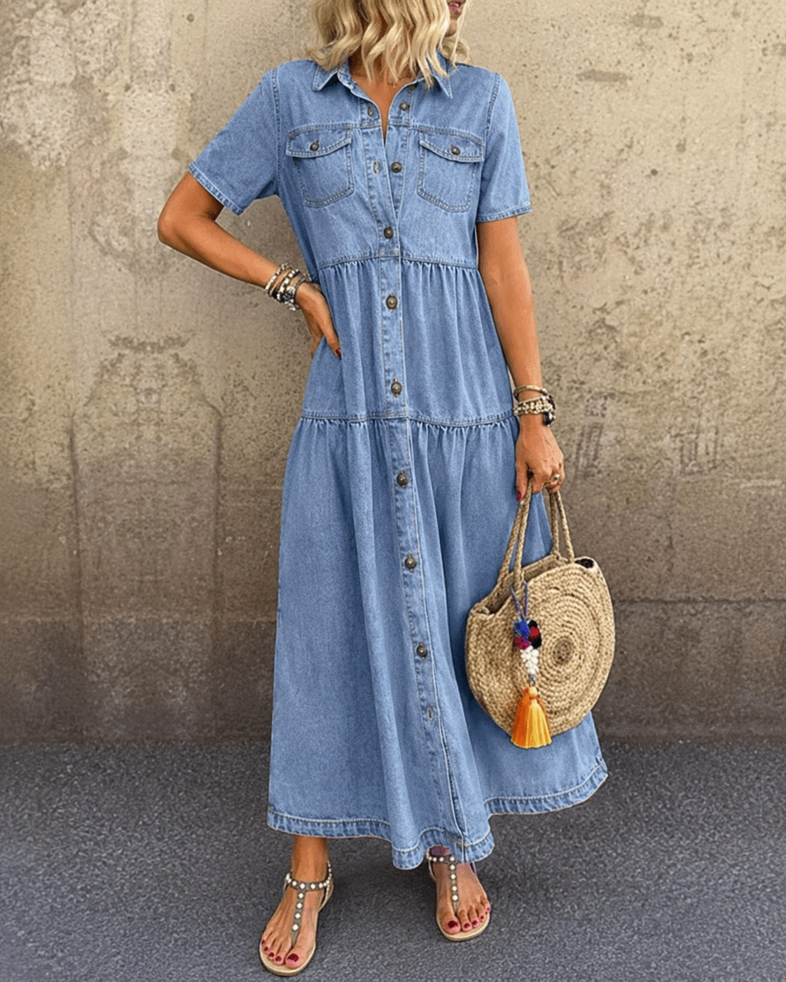 Robe midi en jean Grace de Danoir Paris avec boutons, vue de face, style décontracté et tendance, tissu en denim bleu.