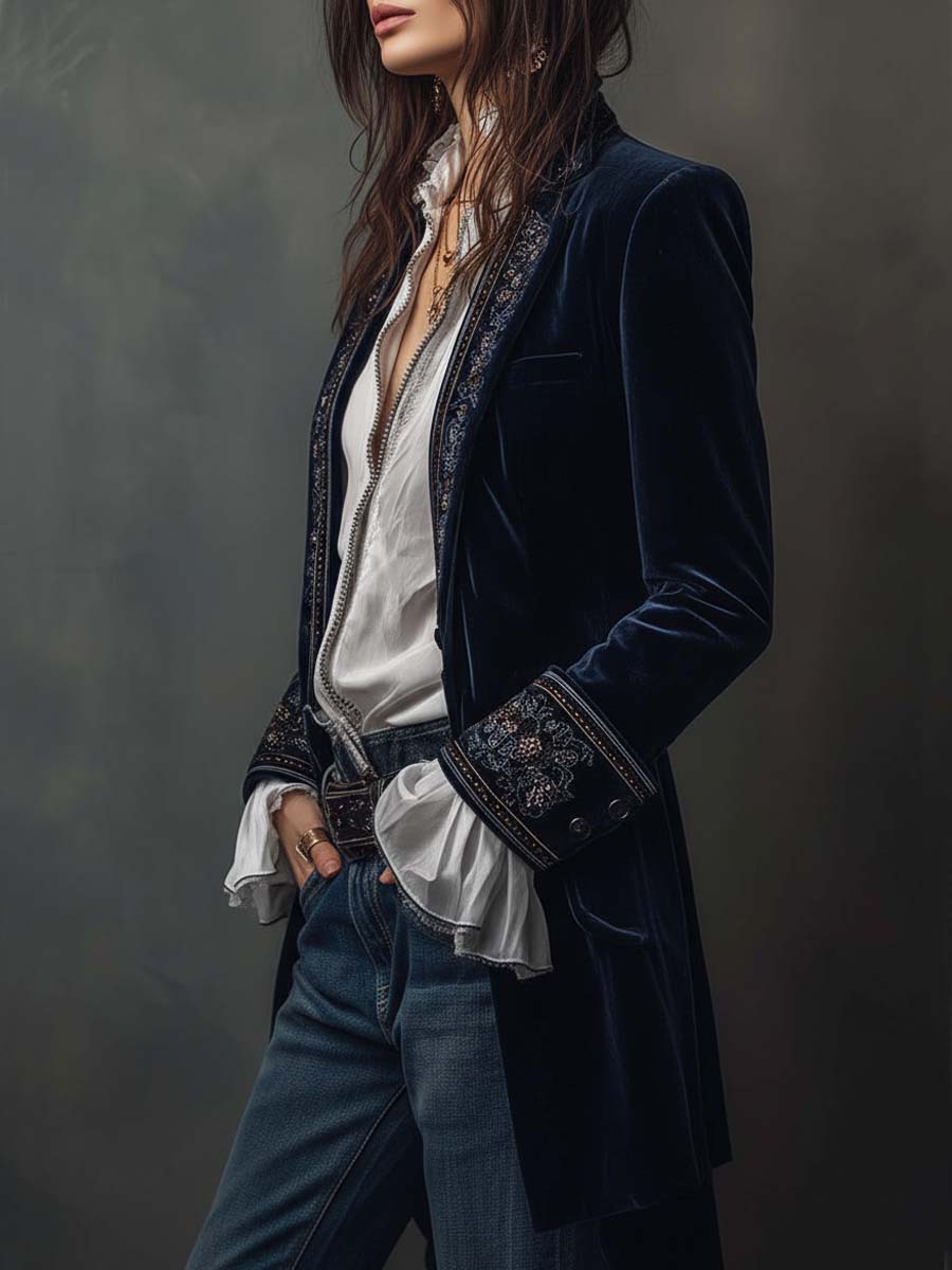 Veste longue brodée Athénaïs Danoir Paris en bleu marine, blazer vintage avec détails floraux élégants.