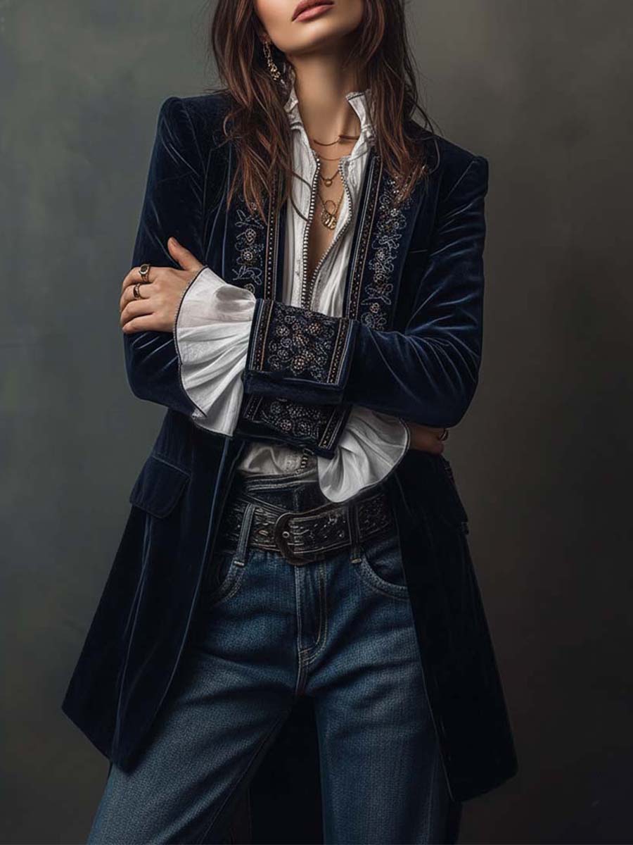 Blazer long brodé Athénaïs Danoir Paris en tissu bleu marine avec détails vintage et broderies élégantes.