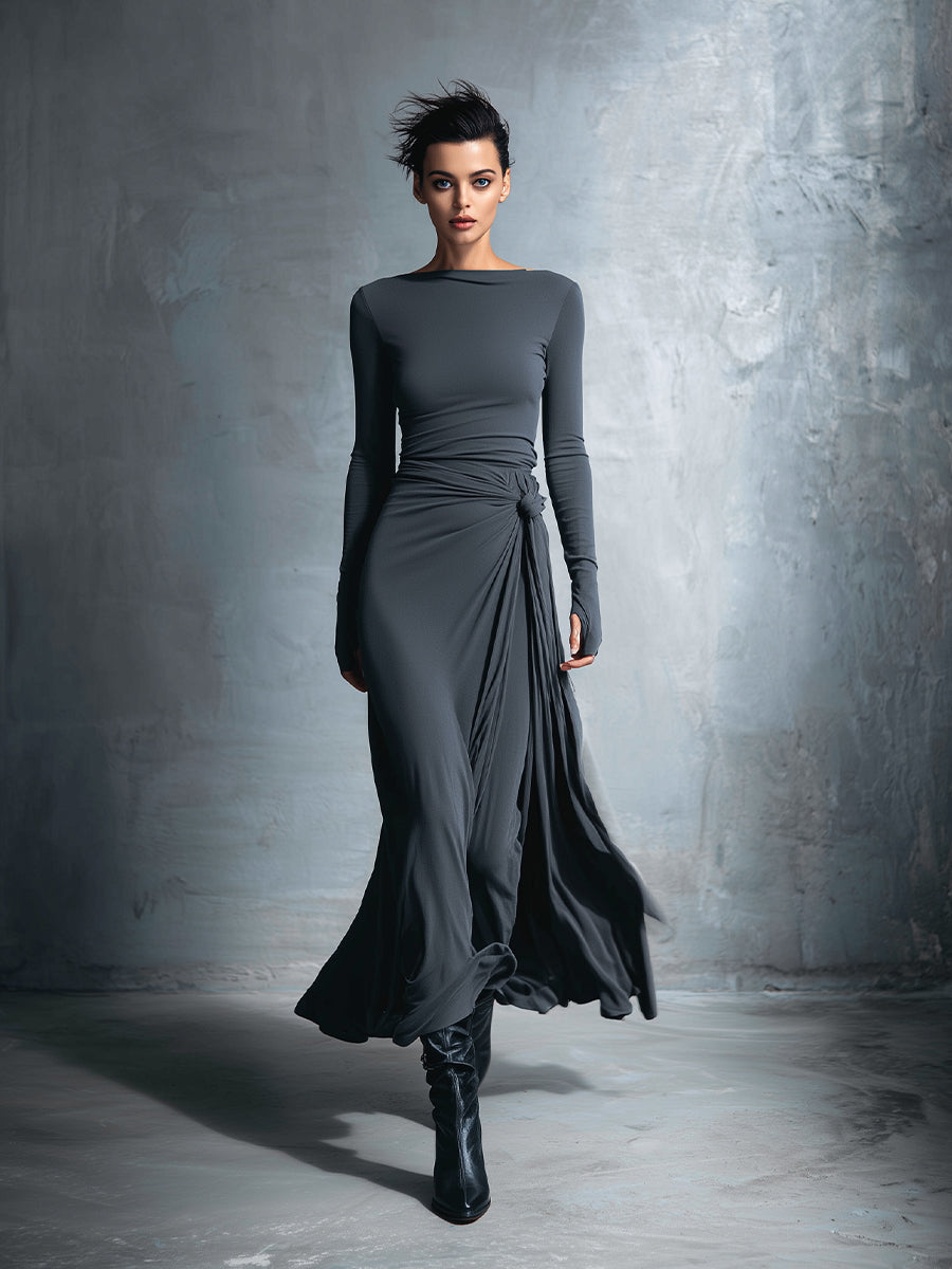 Robe maxi Naomie Danoir Paris avec nœud latéral, tissu fluide, longueur longue, style élégant et chic pour femmes.