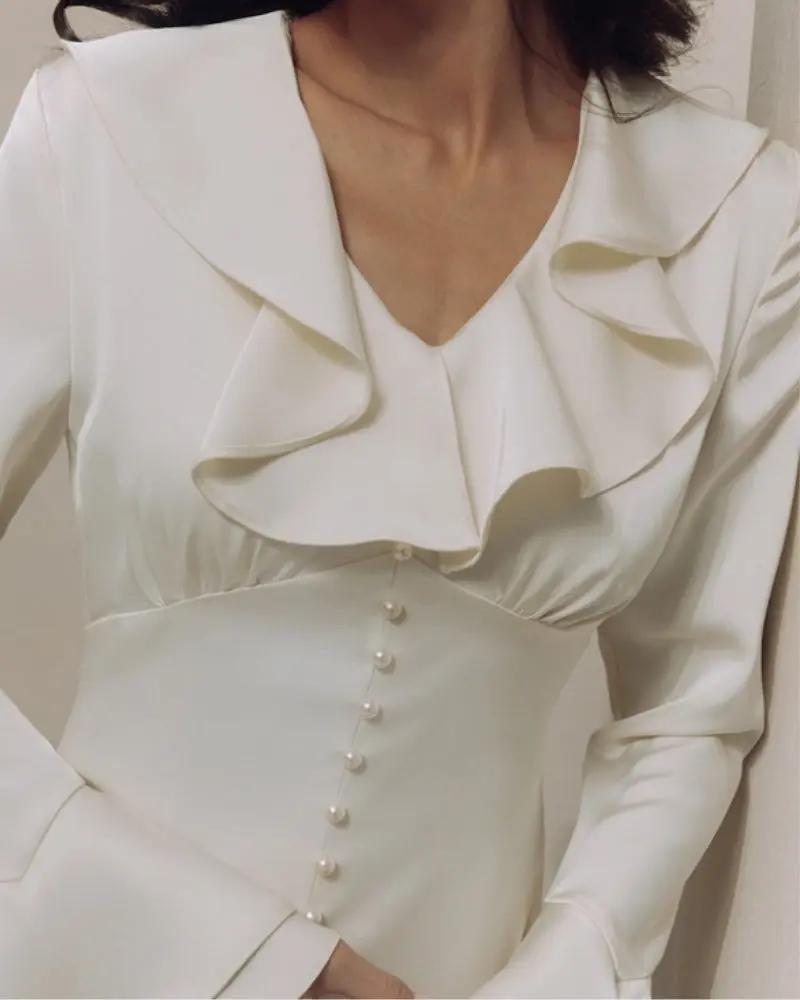 Pearl Button Ruffle Midi Dress Old Money Women