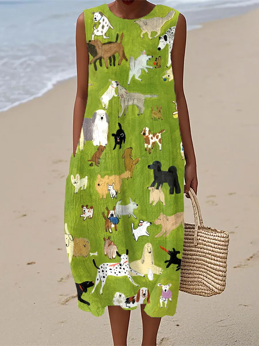 Isabella | Robe mi-longue à imprimé chien style peinture à l'huile