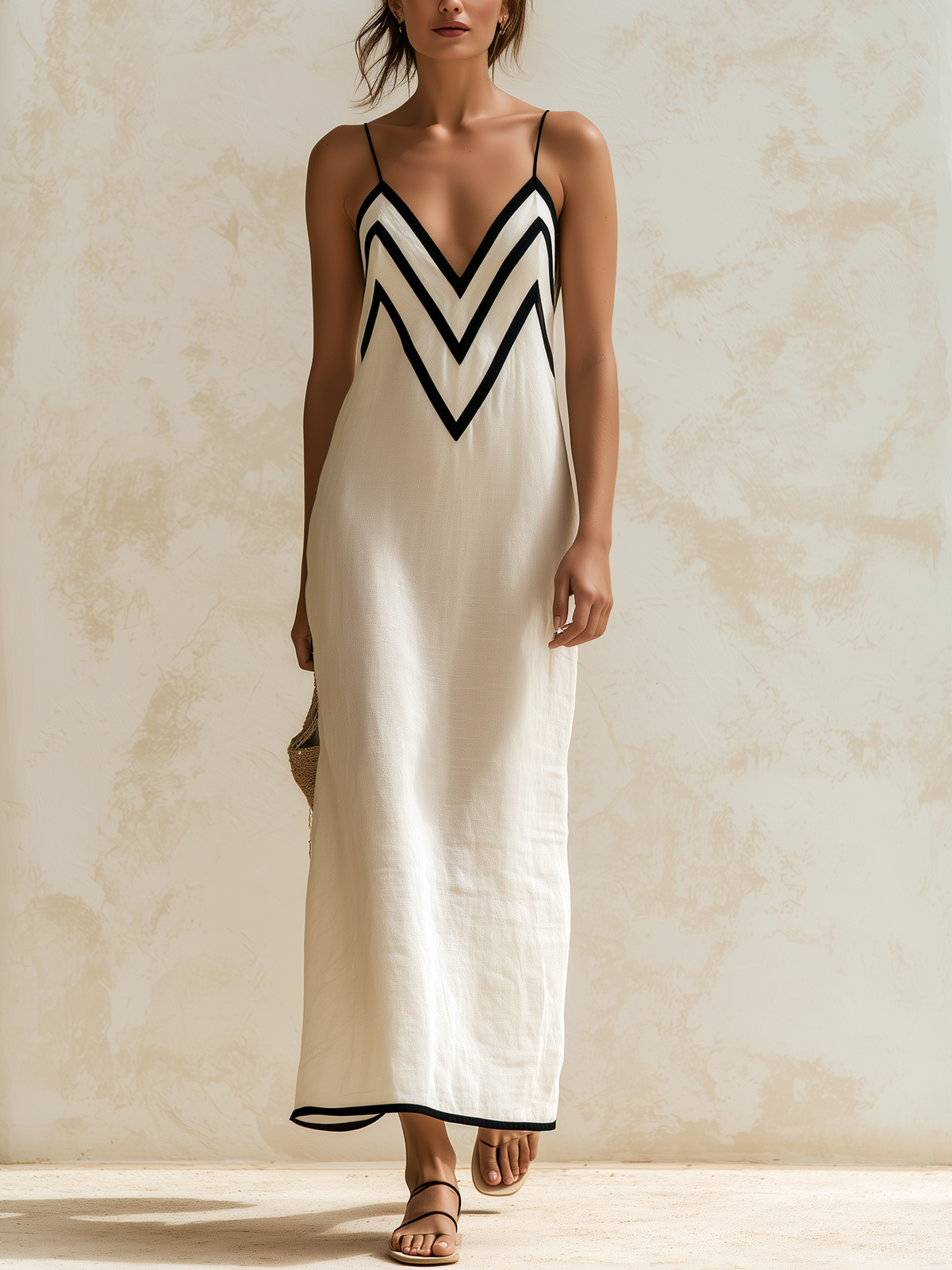 Robe longue femme Marisa de Danoir Paris avec motif Chevron et bord contrasté, style élégant et tendance.