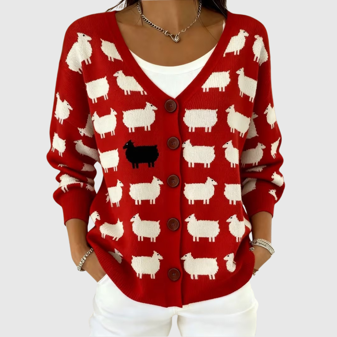 Cardigan en maille confortable à boutons Danoir Paris, vue de face, avec col rond et manches longues.