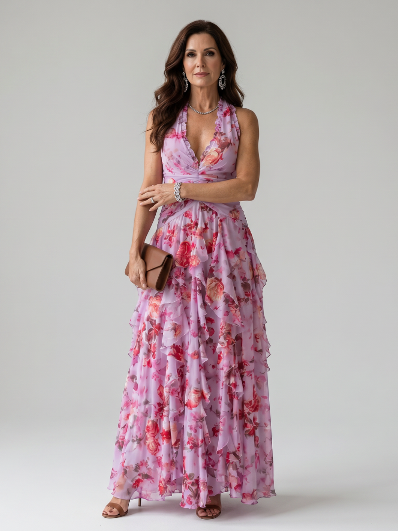 Nori | Robe longue fleurie à col halter et corsage drapé