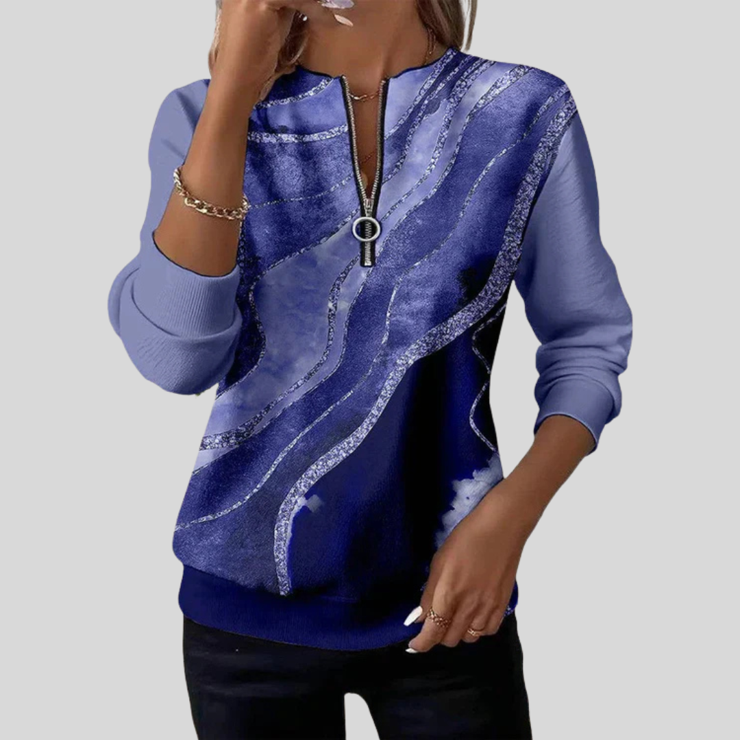 Sweat-shirt à col zippé artistique Danoir Paris Verona, design coloré et moderne, porté en gros plan.