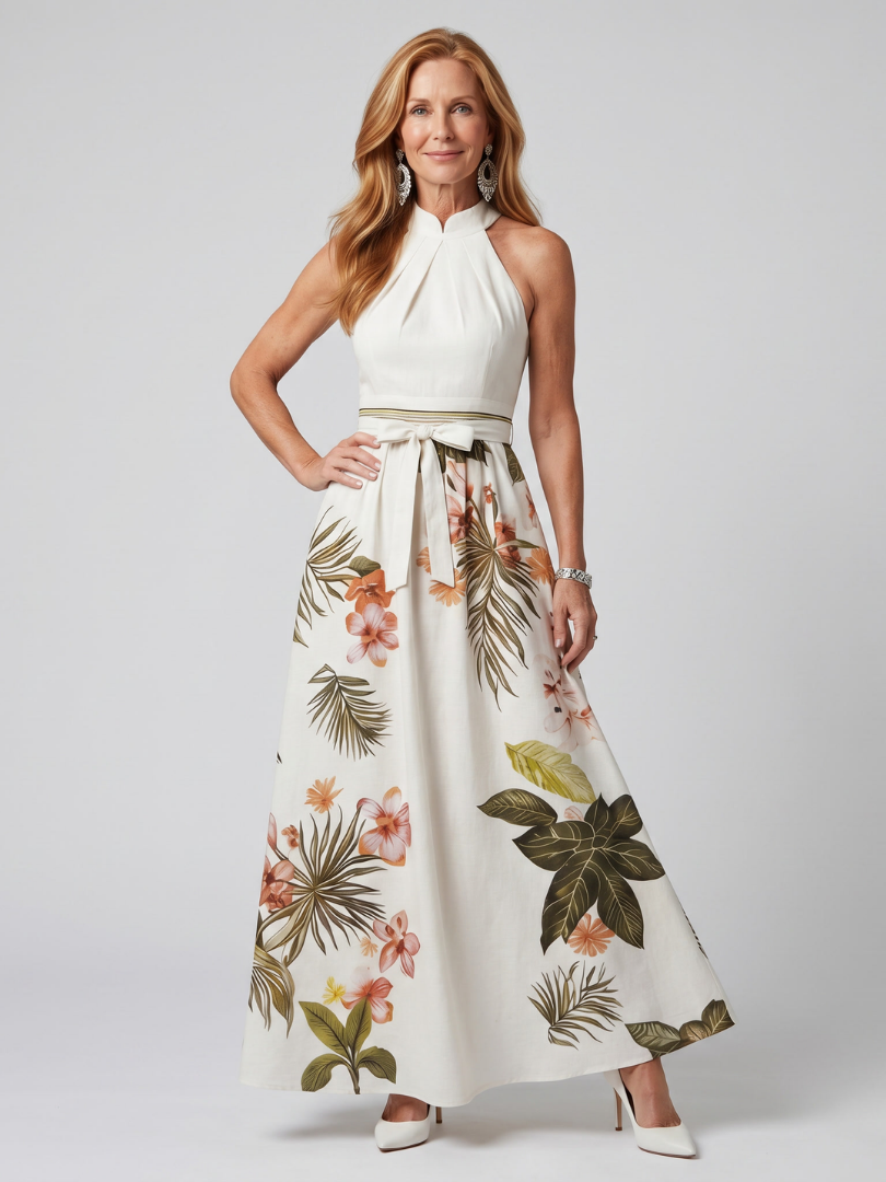 Meadow | Robe longue drapée à licou et empiècements fleuris