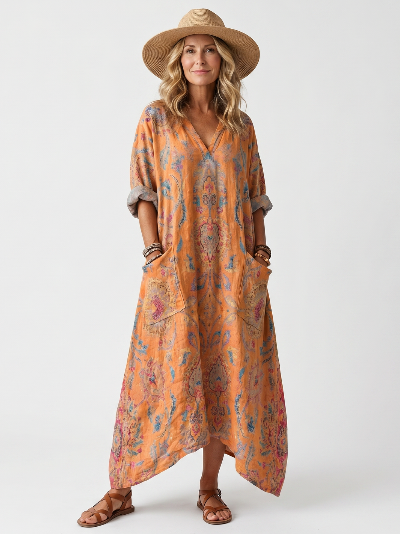 Remi | Robe Midi Imprimée Oversize à Col Notch avec Poches