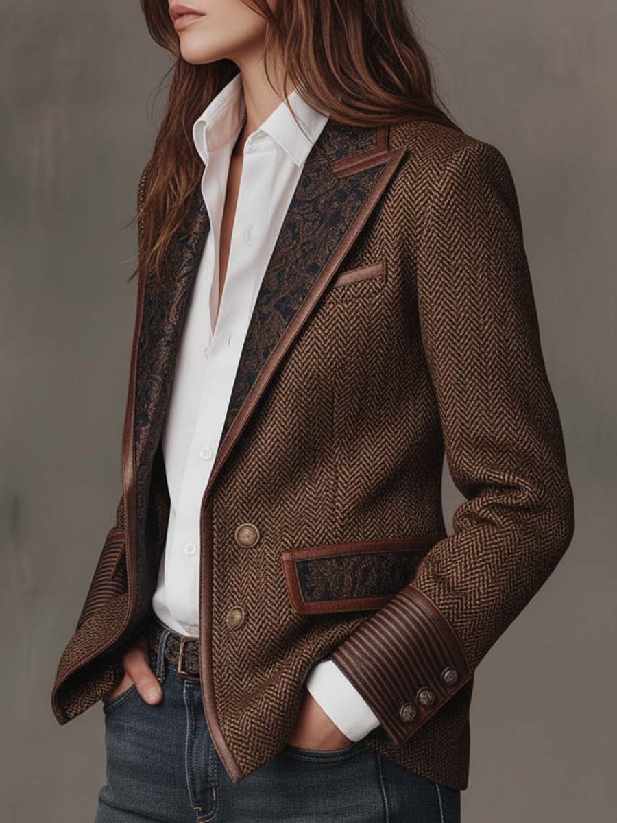 Blazer à manches longues Danoir Paris Gisèle avec empiècements en imprimé chevrons, tissu élégant et tendance.