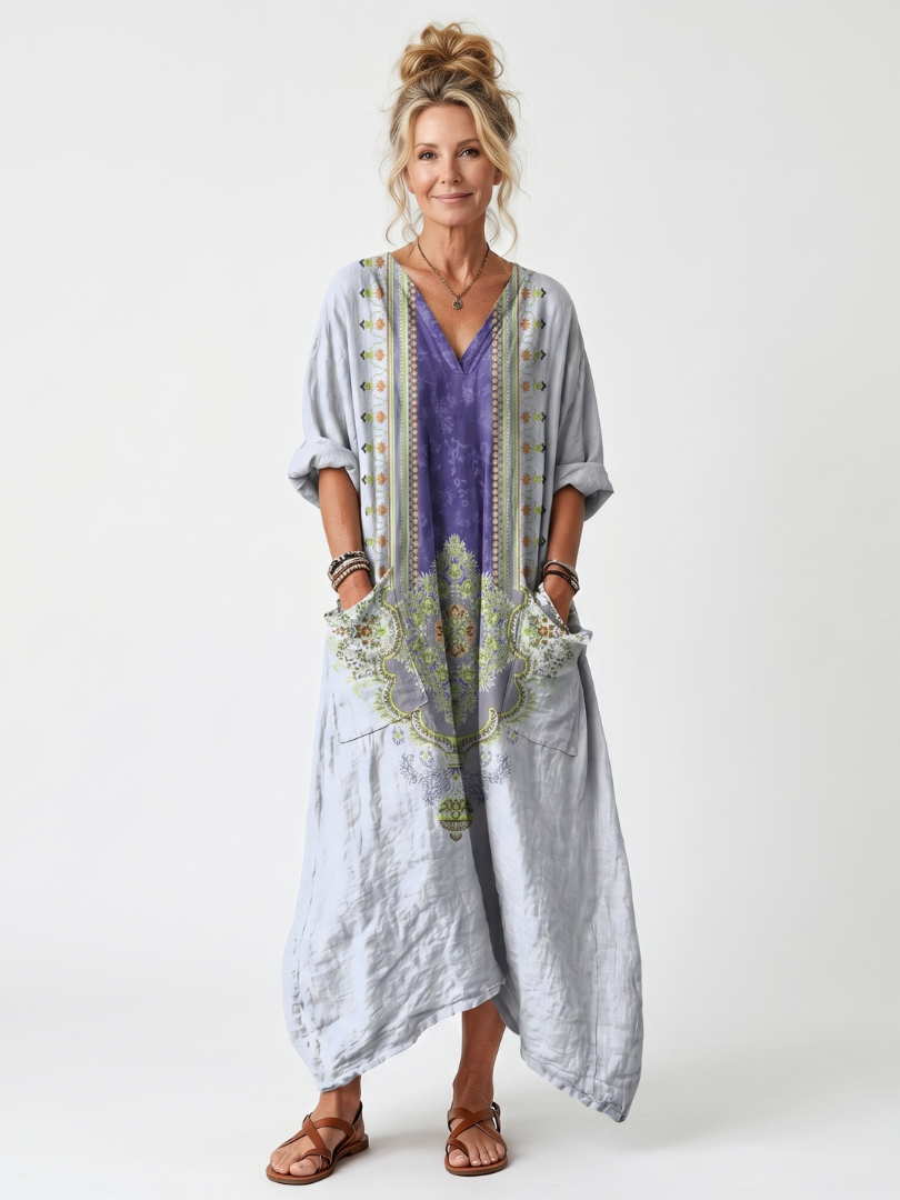 Raina | Robe midi oversize avec poches et panneau brodé contrastant
