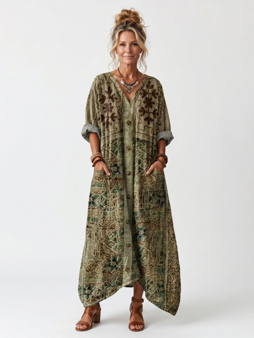 Aleta | Robe midi oversize avec poches brodées et fermeture à boutons