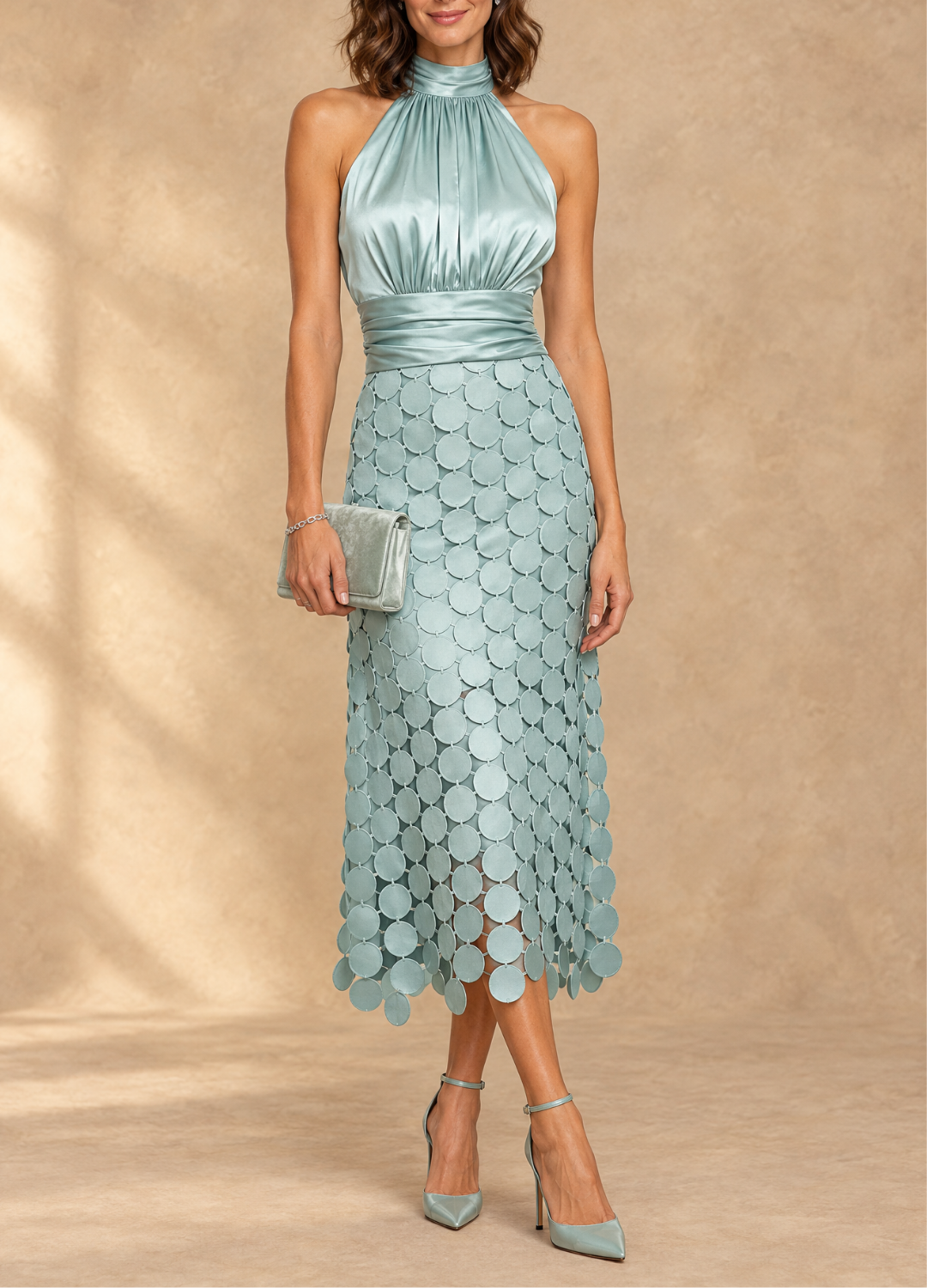 Robe midi élégante Danoir Paris pour cérémonies, tissu fluide avec détails sophistiqués, portée sur mannequin.