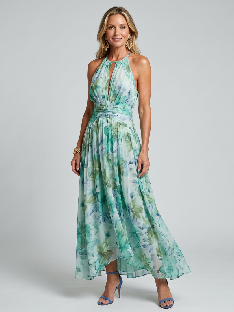 Portia | Robe longue plissée à col montant et motif floral doux