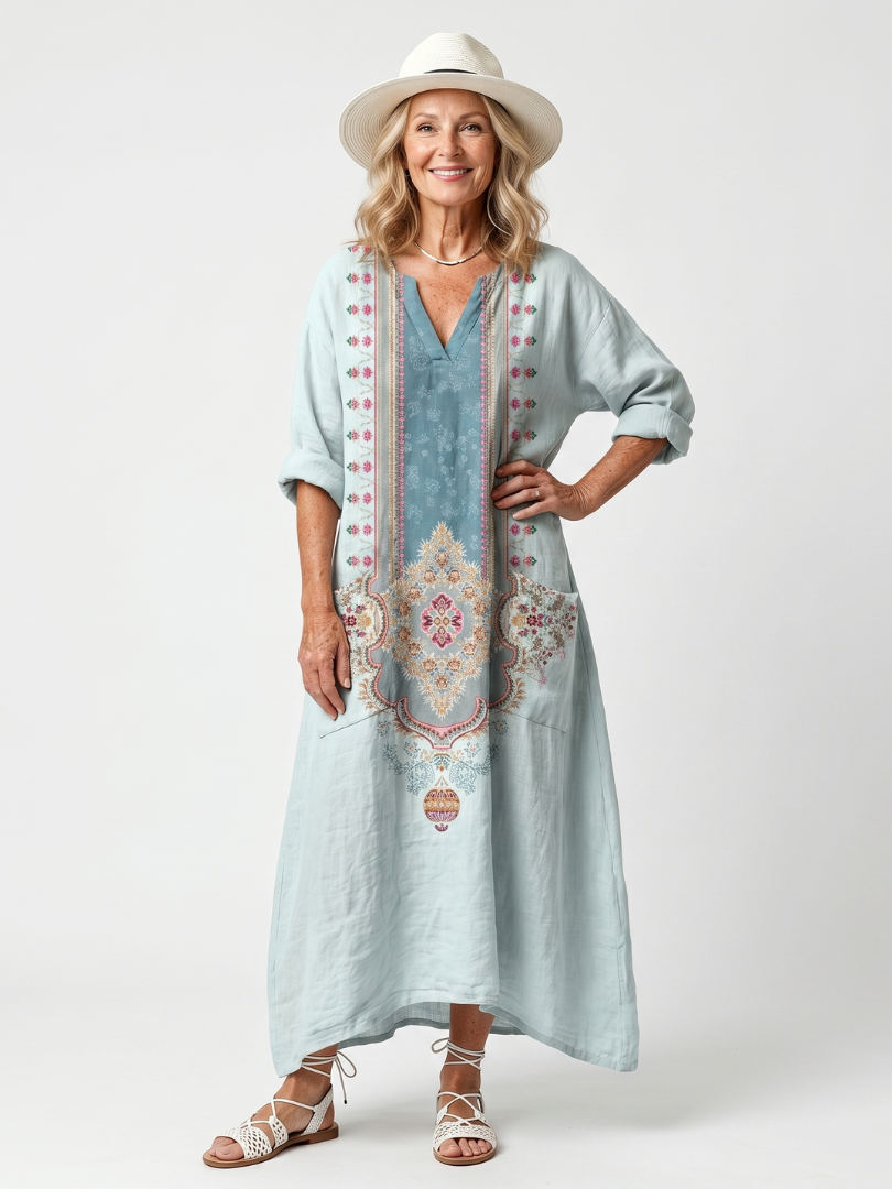 Kassiani | Robe midi brodée avec poches surdimensionnées et panneau décoratif