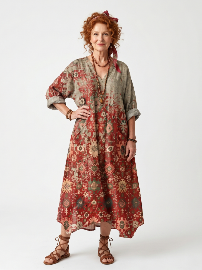 Safran | Robe midi décontractée avec poches et motifs variés