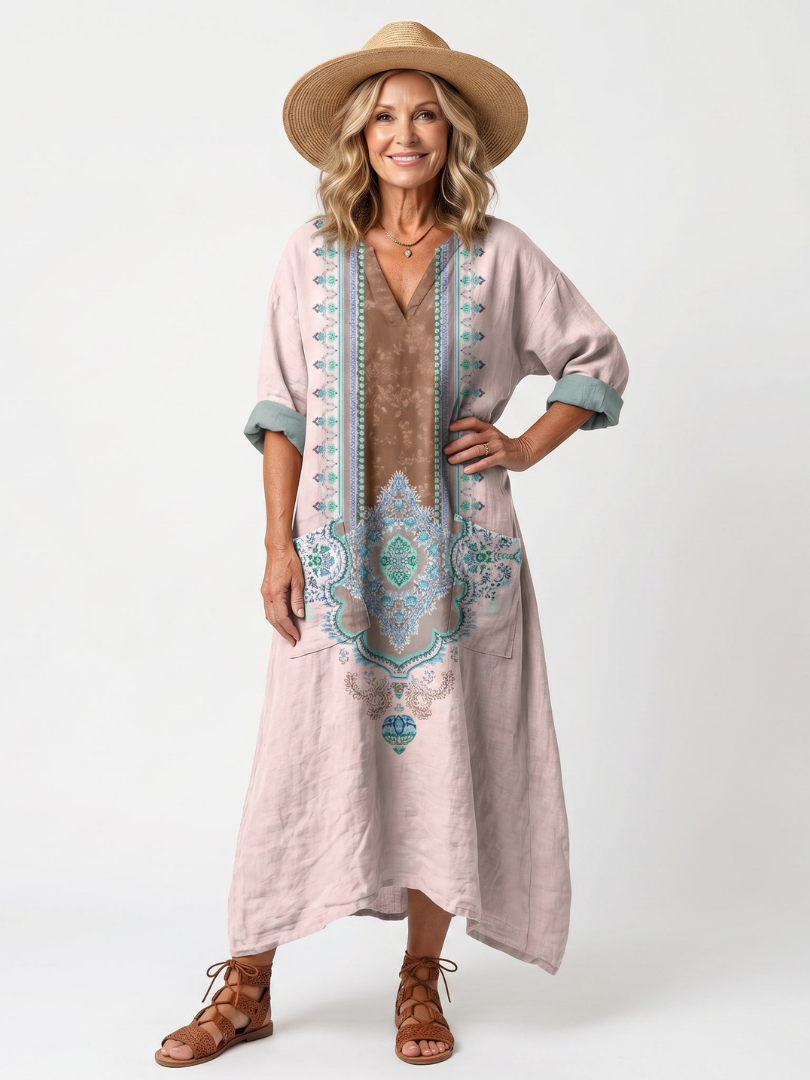 Kenza | Robe Midi Décontractée avec Panneaux Brodés et Poches