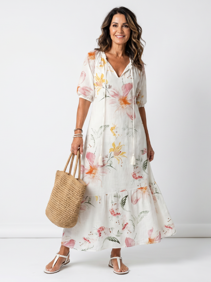 Noa | Robe Midi Florale Douce à Volants et Franges