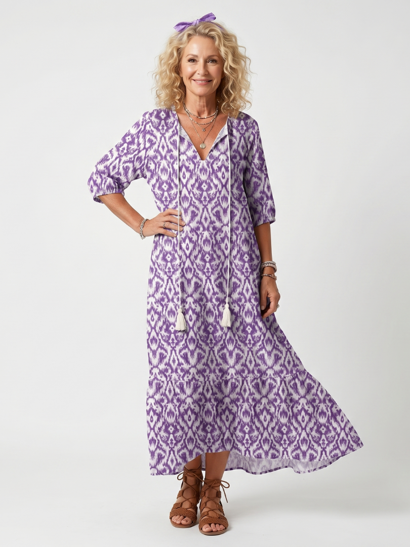 Pénélope | Robe midi à franges avec imprimé à liens