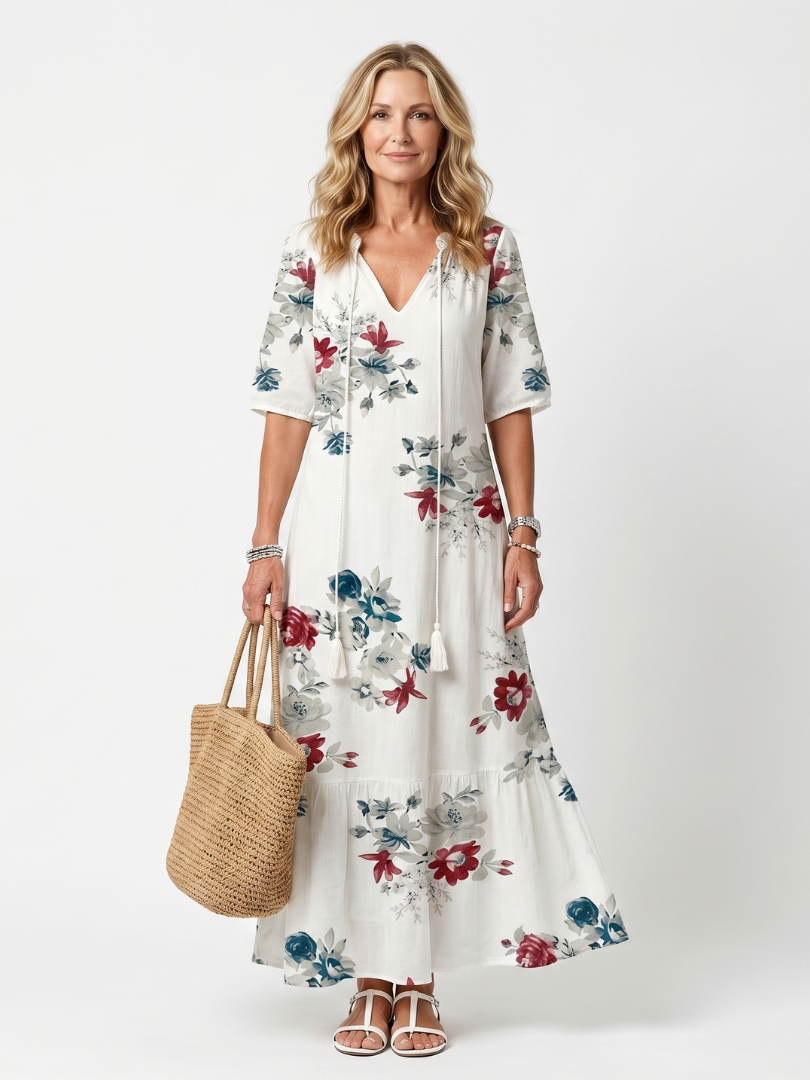 Maeva | Robe Midi à Fleurs Dispersées avec Franges