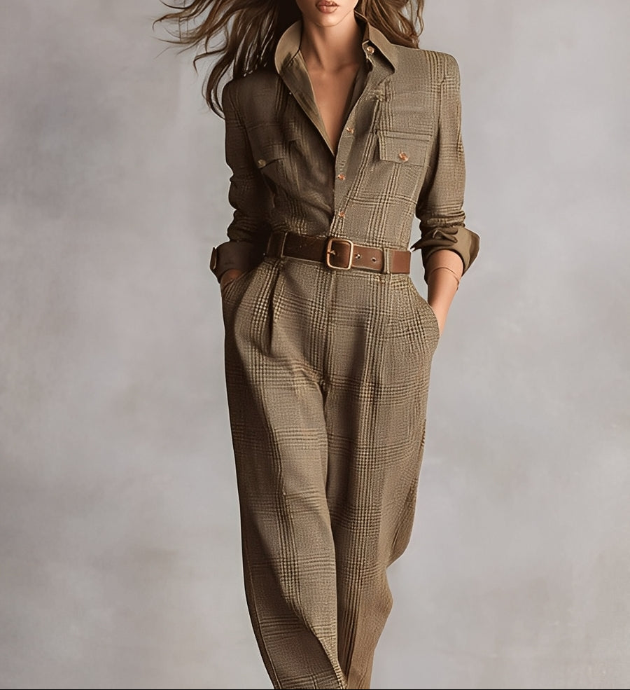 Robe combishort marron Célia de Danoir Paris avec détails sophistiqués, manches longues et coupe élégante.