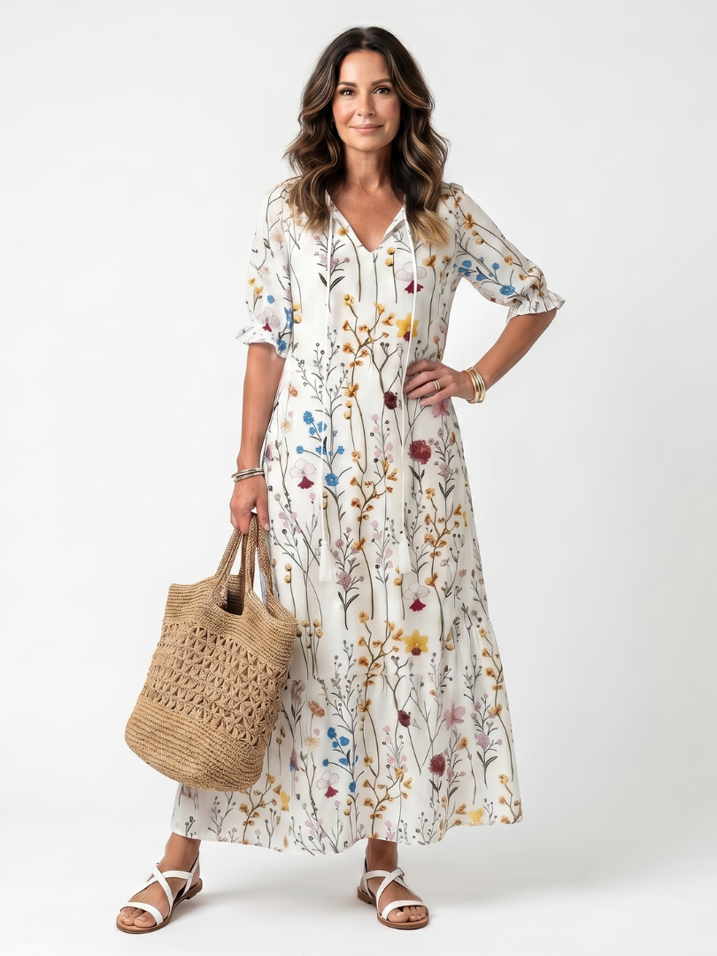 Sylvie | Robe Midi à Motif Botanique avec Franges