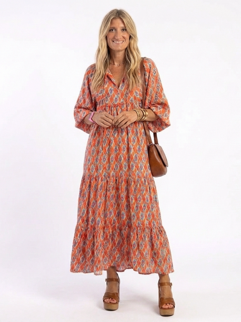 Amara | Robe Midi à Motif Géométrique avec Décolleté en V