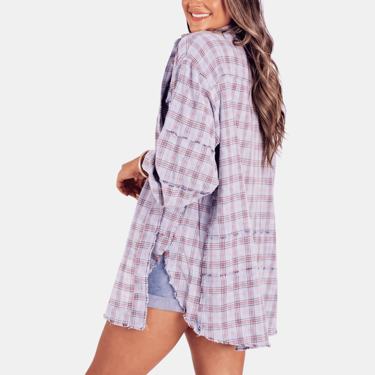Chemise en flanelle à ourlet brut pour femmes, blouse longue à coupe oversize
