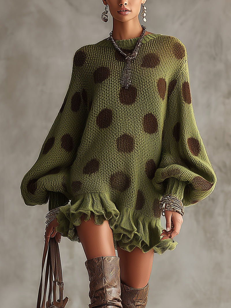Robe-Sweater Tricotée Oversize à Pois Verts avec Ourlet Volant - Expédition en 24 Heures