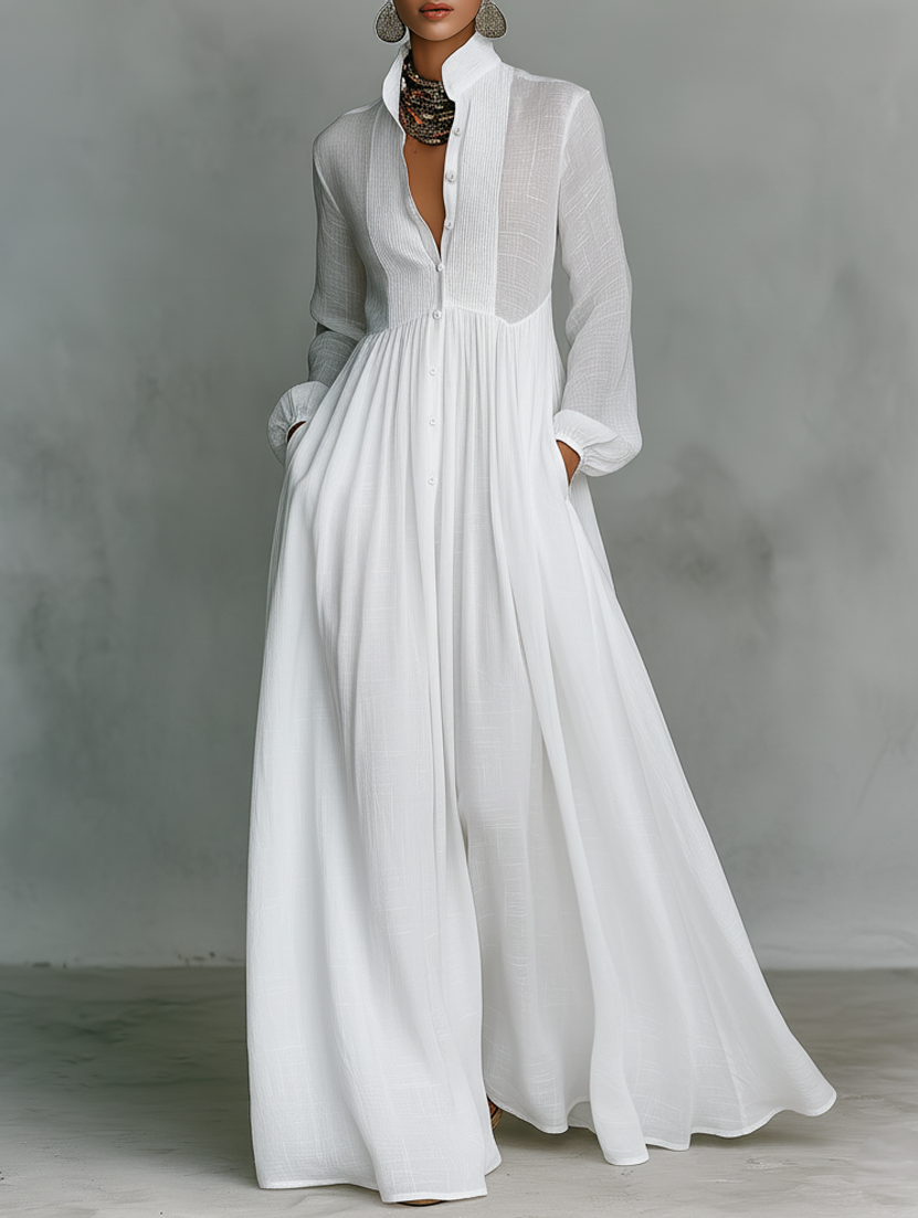 Elisa - Maxi Minimaliste en Coton et Lin avec Patchwork, Col Montant et Manches Longues