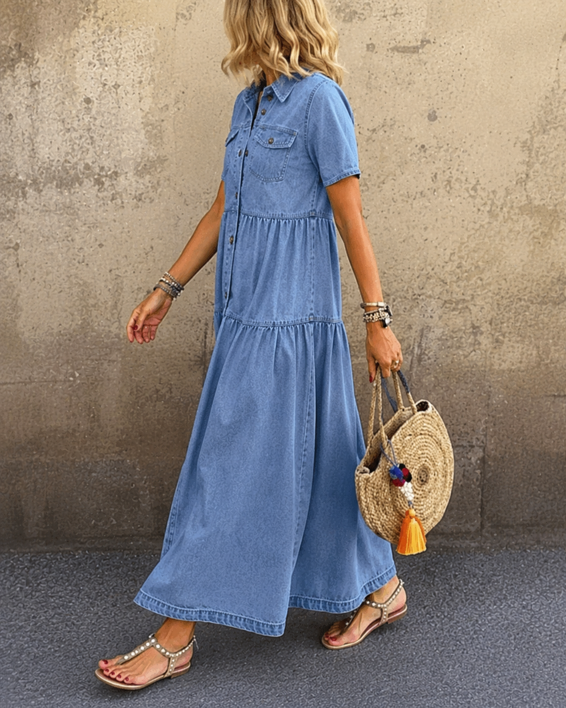 Robe midi en jean Danoir Paris Grace avec boutons, détails de couture et coupe élégante, portée sur un mannequin.