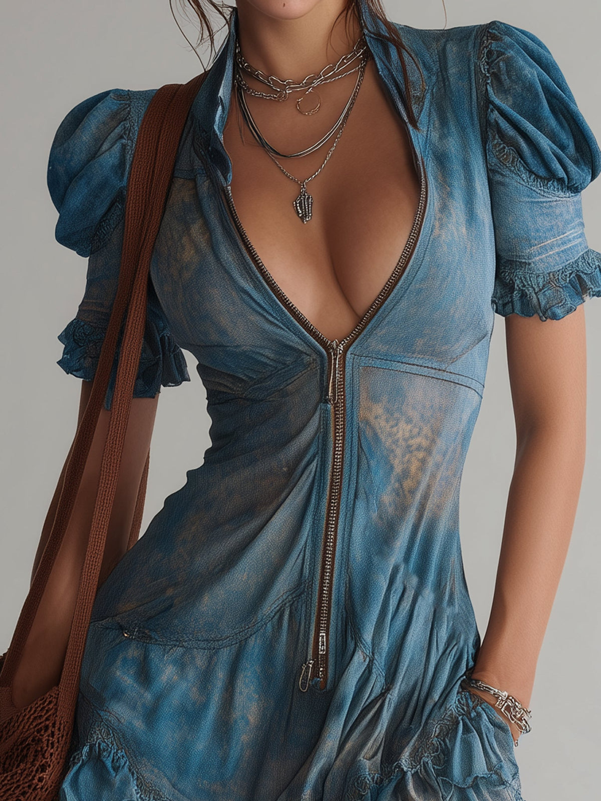 Robe Mini Zippée Fleurie en Chiffon Bleu avec Expédition en 24 Heures