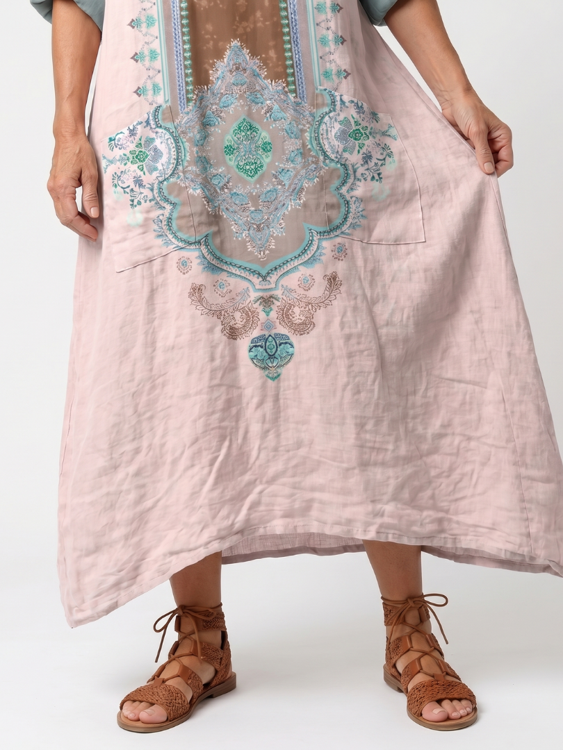 Kenza | Robe Midi Décontractée avec Panneaux Brodés et Poches