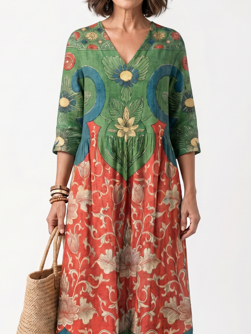 Sloane | Robe Midi à Imprimé Mixte avec Col en V et Poches
