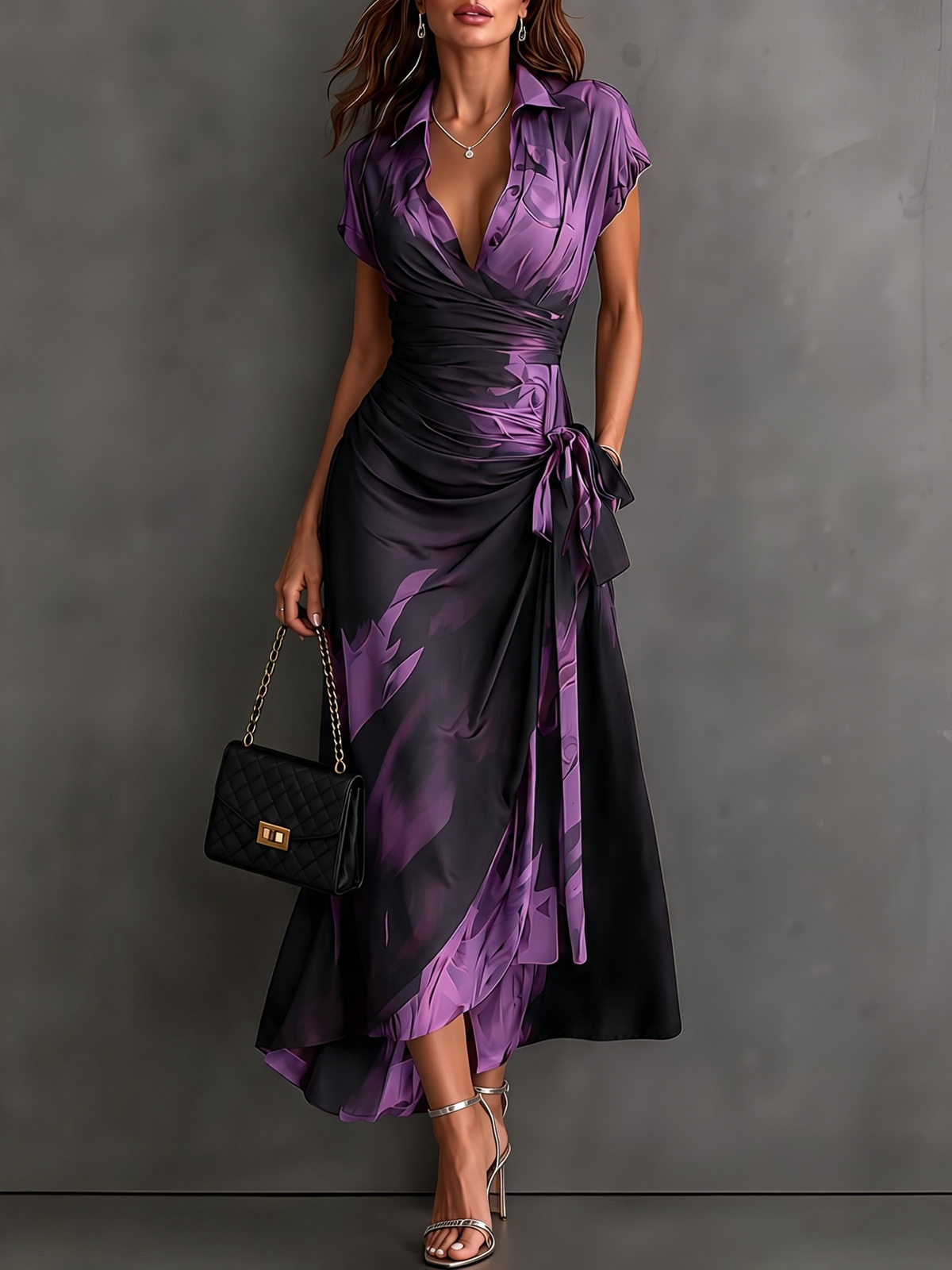 Robe midi croisée Danoir Paris Rosalie avec imprimé abstrait, col V, manches courtes, ceinture et ourlet asymétrique à volant