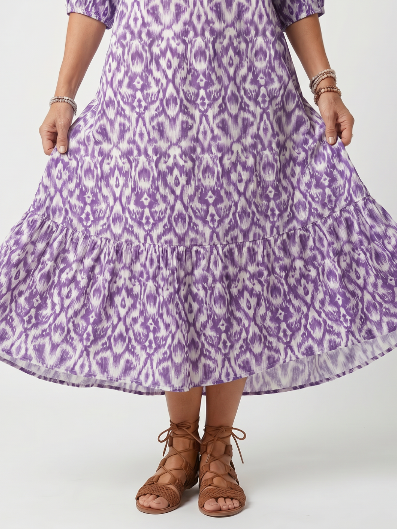 Pénélope | Robe midi à franges avec imprimé à liens
