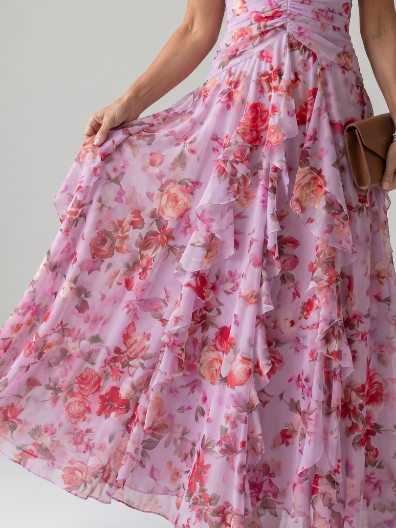 Nori | Robe longue fleurie à col halter et corsage drapé